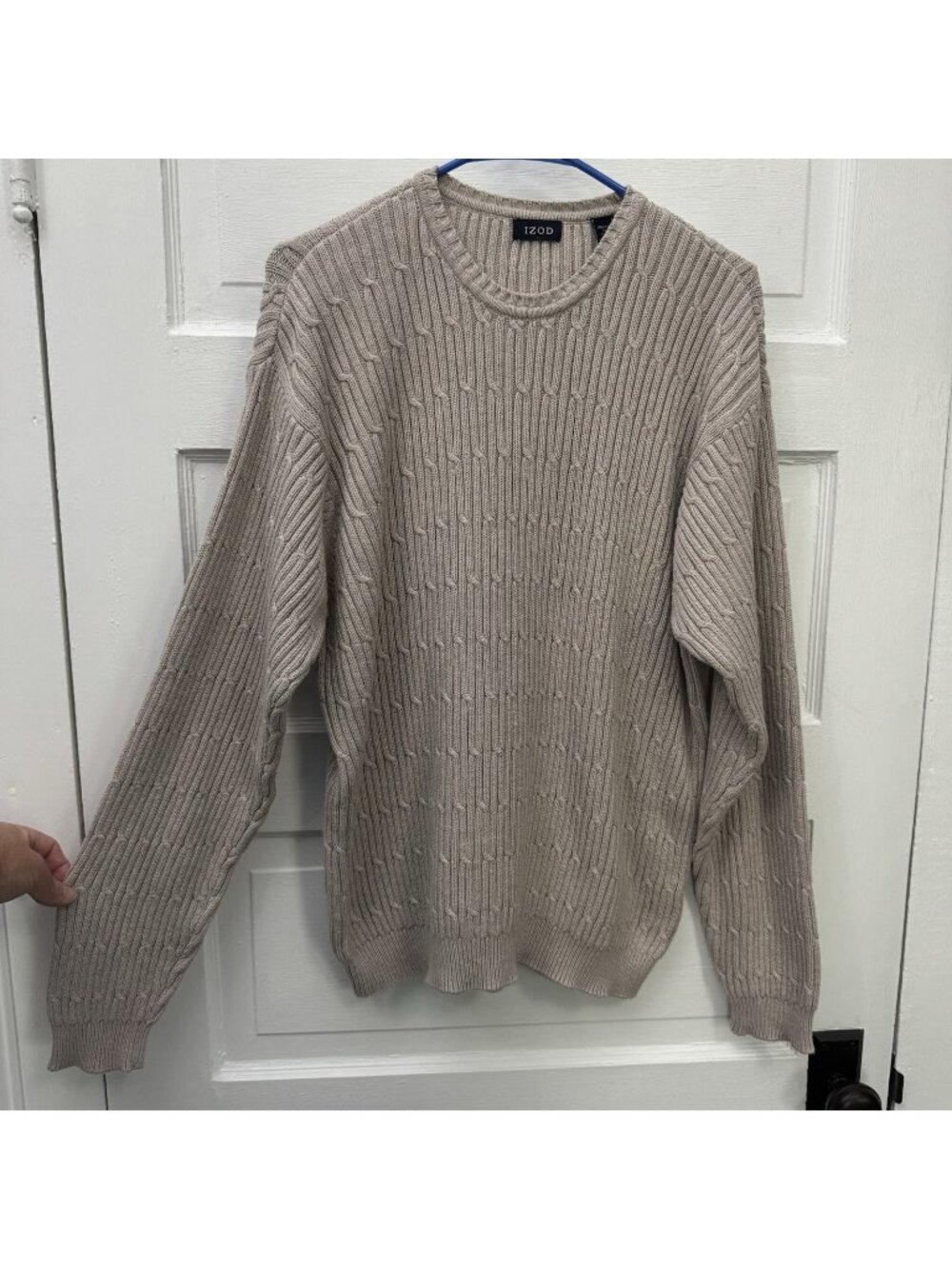 IZOD Mens Large Beige 100% Cotton Cable Knit Crewneck Pullover Sweater